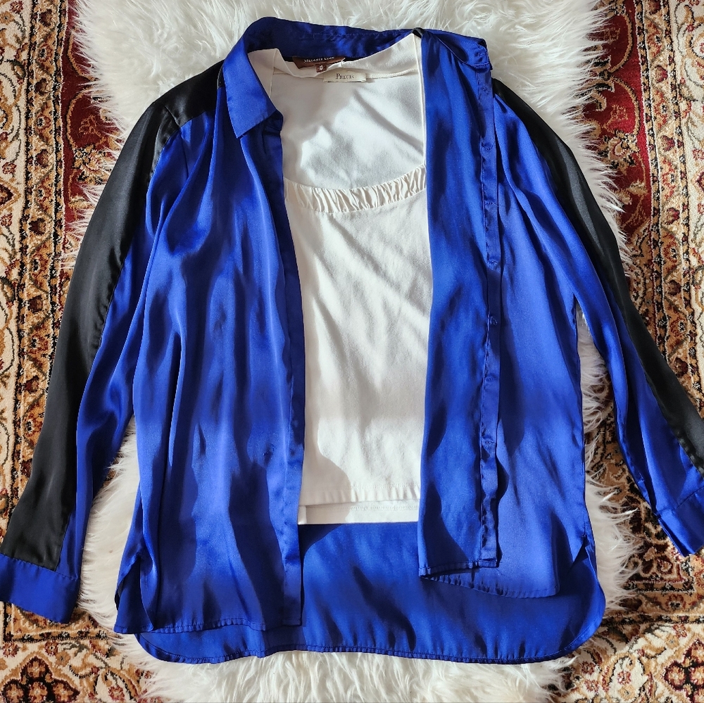 Melanie Lyne Silk Blue and Black Button-Up Shirt - Picture 4 of 4